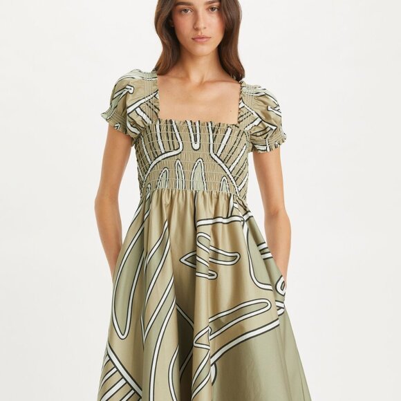 Tory Burch Print Smocked Cotton Dress, Khaki Zebra Scarf - Picture 1 of 4